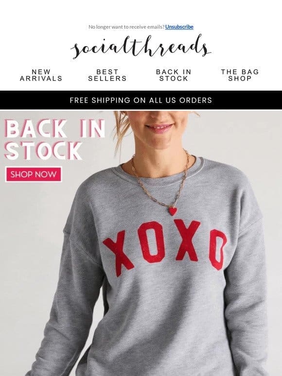 SHOP FAST – The XOXO Sweatshirt is BACK IN STOCK (for now)!