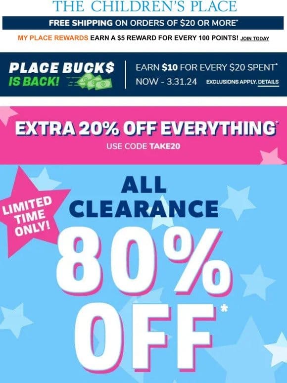 STARTS NOW: 80% OFF ALL CLEARANCE (w/code TAKE20) – no exclusions!