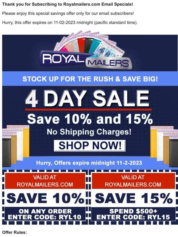 STOCK IT UP SALE at Royalmailers.com is on NOW – Save up to 15% with Free Shipping!
