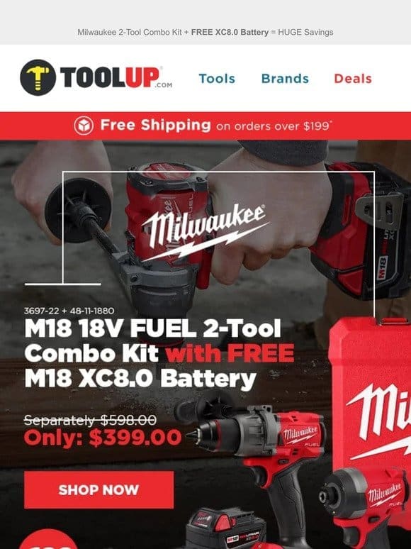 Save $199 – Milwaukee 2-Tool Combo Kit + Battery
