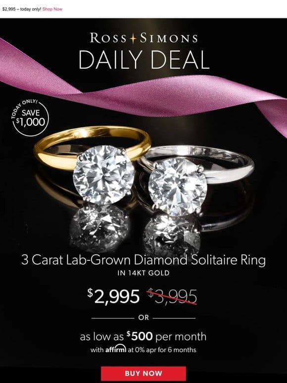 Save BIG on our 3 carat lab-grown diamond solitaire ring in 14kt gold