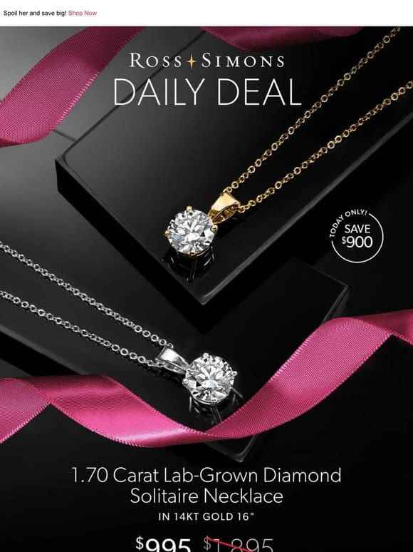TODAY ONLY: $995 for our 1.70 carat lab-grown diamond necklace in 14kt gold