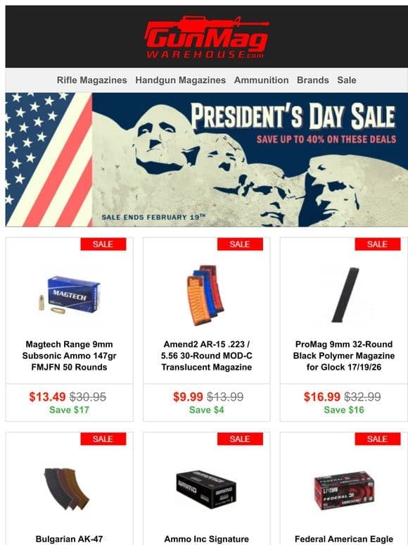 The Presidents Day Sale Is Going Strong! | Magtech 9mm Subsonic 147gr 50rd Box for $13.49