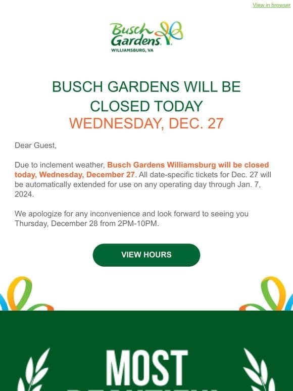 UPDATE: Busch Gardens Williamsburg Will Be Closed Today， Dec. 27