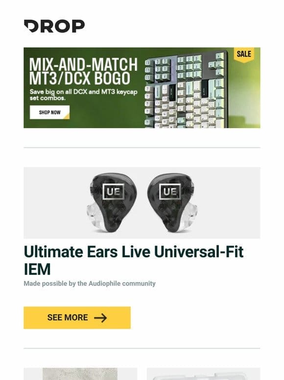 Ultimate Ears Live Universal-Fit IEM， Drop + The Lord of the Rings™ Mordor™ Keycap Holder， Drop + Invyr Holy Panda Mechanical Switches and more…