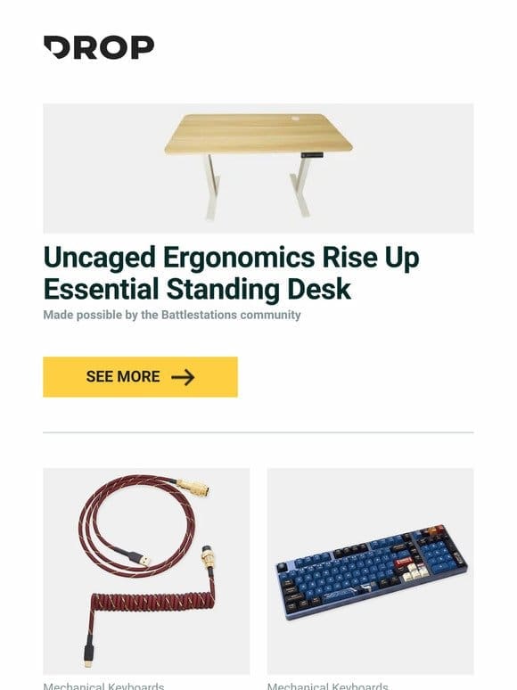 Uncaged Ergonomics Rise Up Essential Standing Desk， Mechcables Red Samurai Custom Coiled Aviator USB Cable， Benemate Mecha Keycap Set and more…