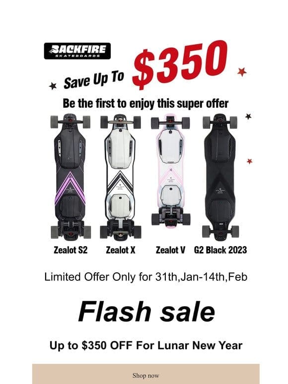 Up to $350 Off Backfire Electric Skateboards For Chinese New Year Promotion
