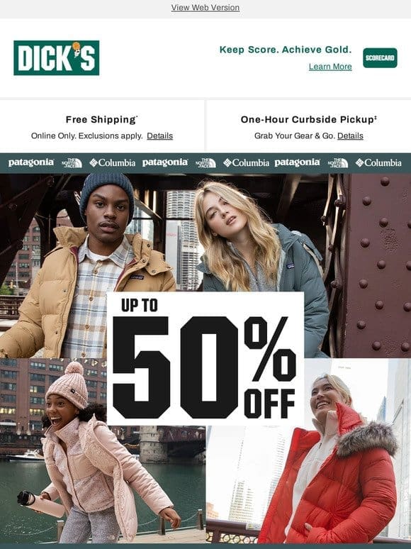 WHOA! Up to 50% off select Patagonia， The North Face， Columbia & more