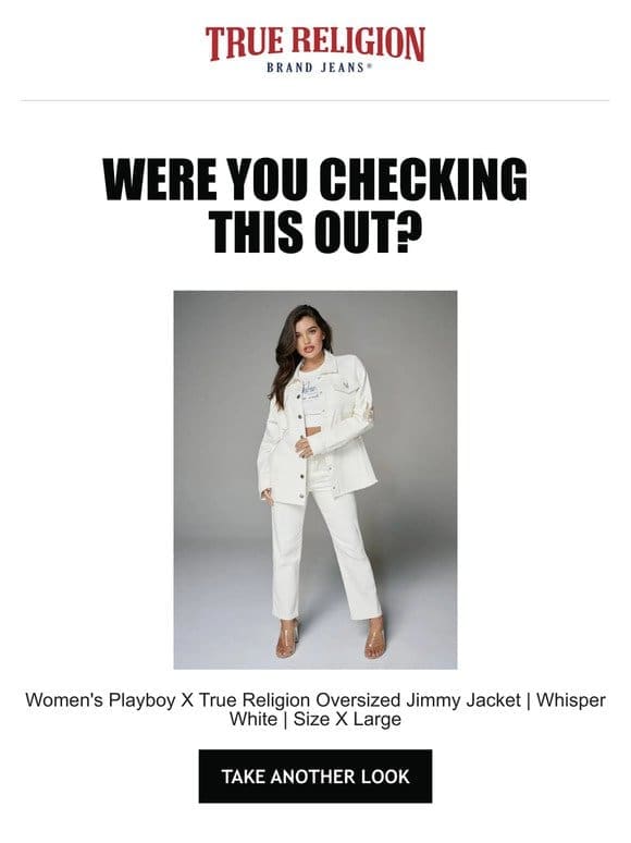 Were you checking out the Women’s Playboy X True Religion Oversized Jimmy Jacket | Whisper White | Size X Large?