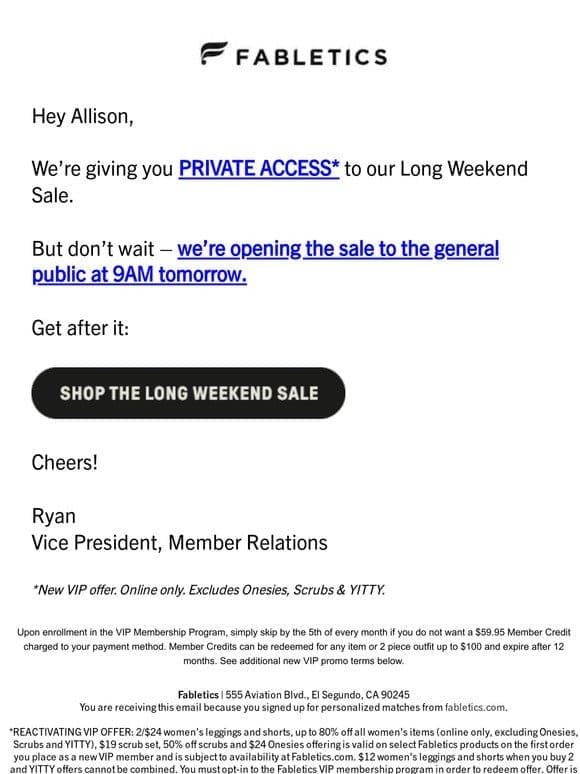 re: Long Weekend Sale