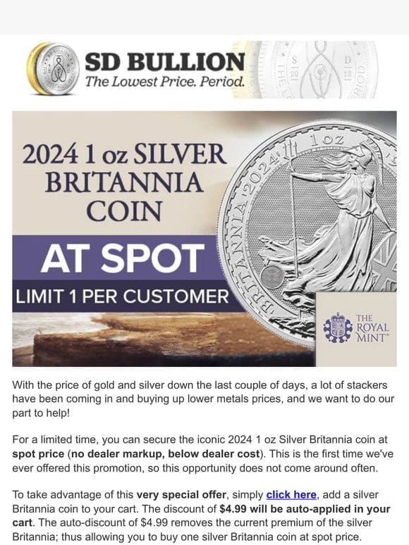 ↓↓↓ Markets On The Move – Silver at Spot Offer Inside!
