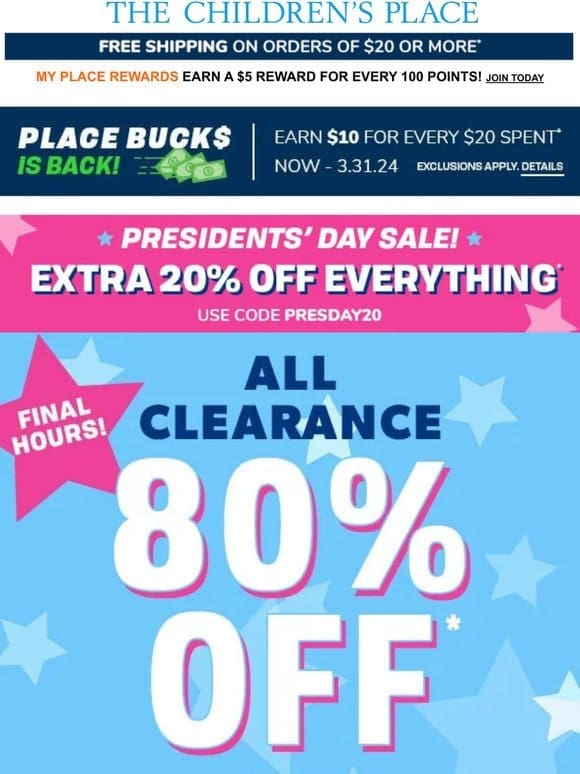 ⏰ FINAL HOURS: 80% OFF ALL CLEARANCE (use code PRESDAY20)