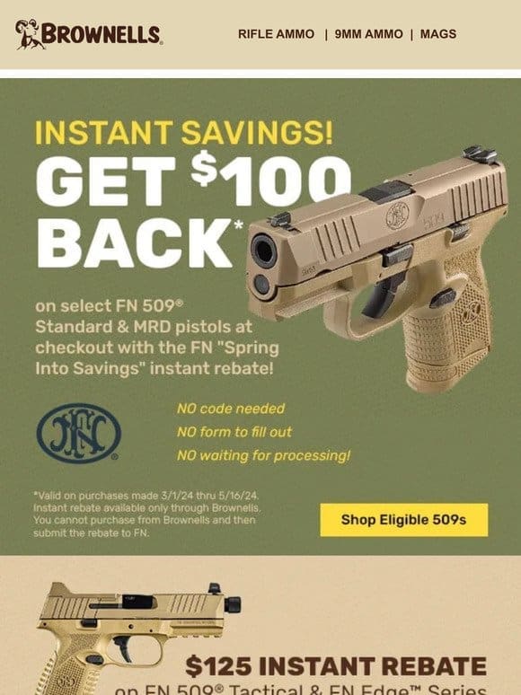 $100 Instant Rebate on FN 509 pistols!