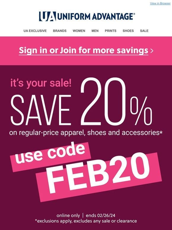 20% off APPAREL， SHOES & ACCESSORIES*