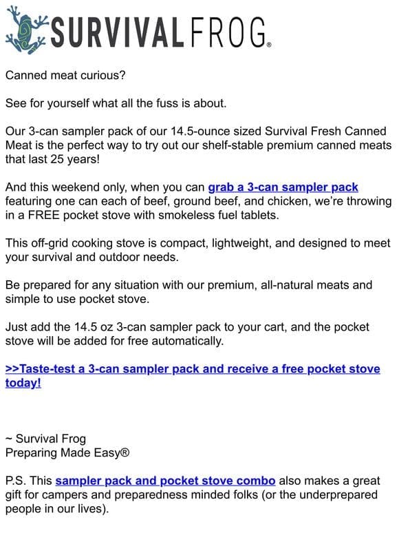 3-can sampler pack + FREE pocket stove