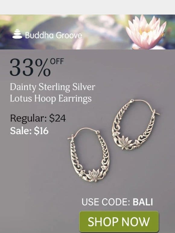 33% off new sterling silver lotus hoop earrings crafted in Bali Ends Tonight