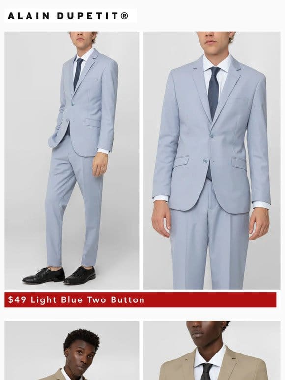 $49 Light Blue | $49 Beige | $69 Medium Grey Three Piece | $79 Grey Windowpane