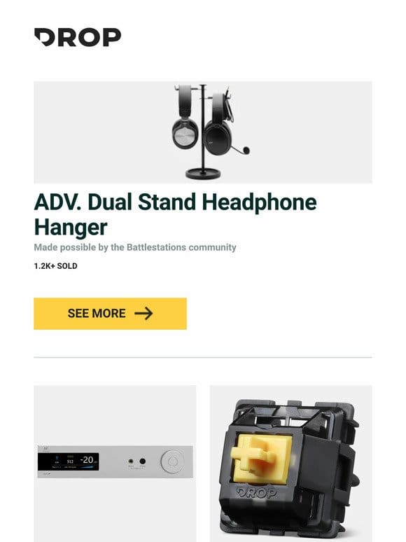 ADV. Dual Stand Headphone Hanger， J.C Acoustics UDP-6P Desktop DAC & Headphone Amplifier， Drop Holy Panda X Hand-Lubed Mechanical Switches and more…