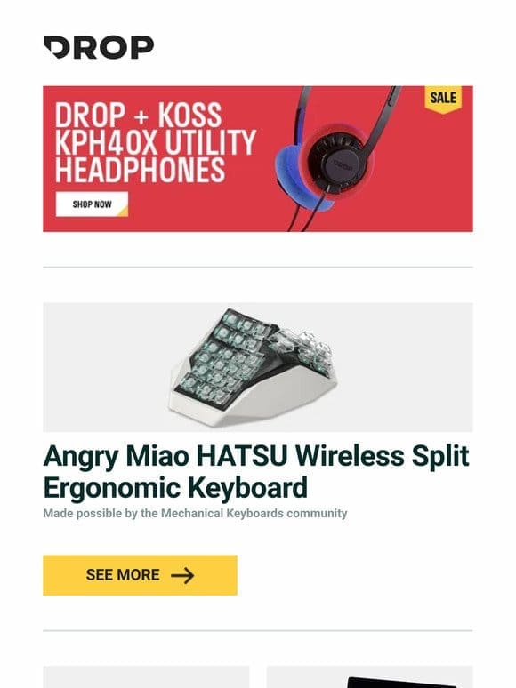 Angry Miao HATSU Wireless Split Ergonomic Keyboard， E-MU Teak Headphones w/ Removable Cable， Keebmonkey Laptop Stand and more…