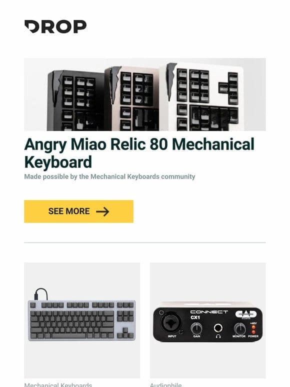 Angry Miao Relic 80 Mechanical Keyboard， Artifact Bloom Series Keycap Set: Black on Black， CAD Audio CX1 USB Audio Interface and more…