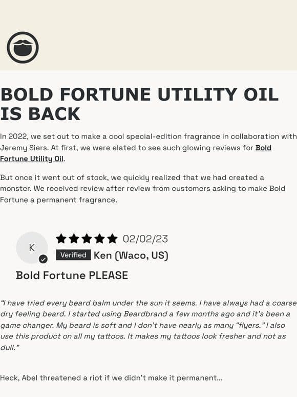 Announcement: Bold Fortune Utility Oil is Back!