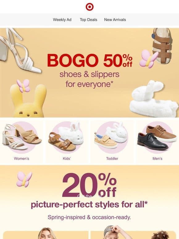 BOGO 50% off spring shoes & slippers for all  ✨