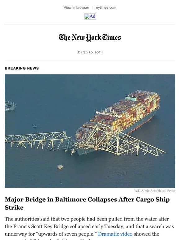 Breaking news: Bridge collapses in Baltimore after ship strikes it
