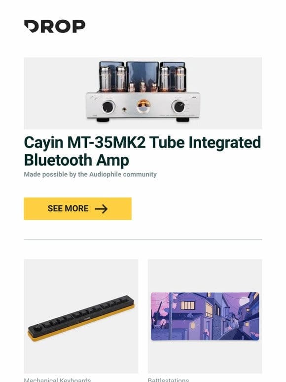 Cayin MT-35MK2 Tube Integrated Bluetooth Amp， Megalodon Sword Macropad， Keebmonkey Machi Desk Mats and more…
