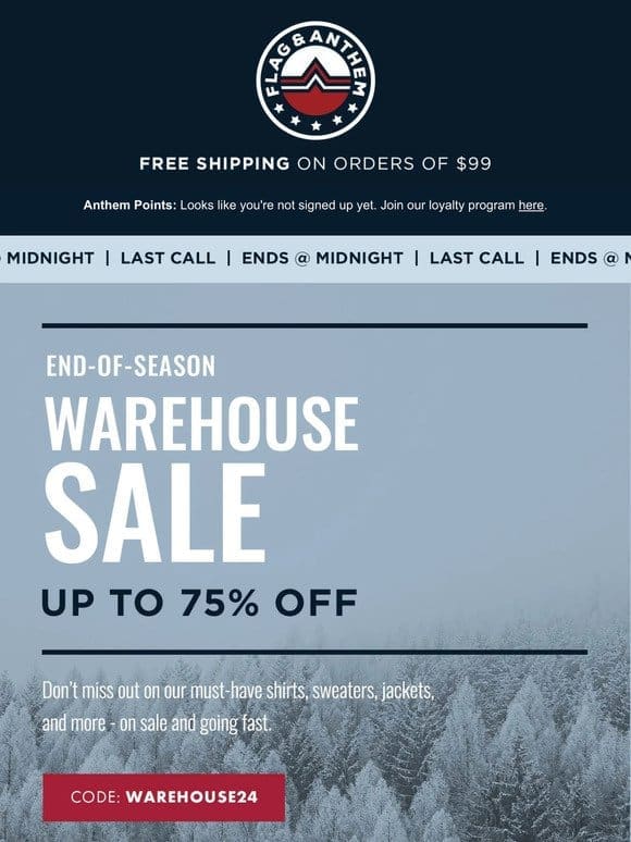 Ends TONIGHT: Up to 75% Off Warehouse Sale