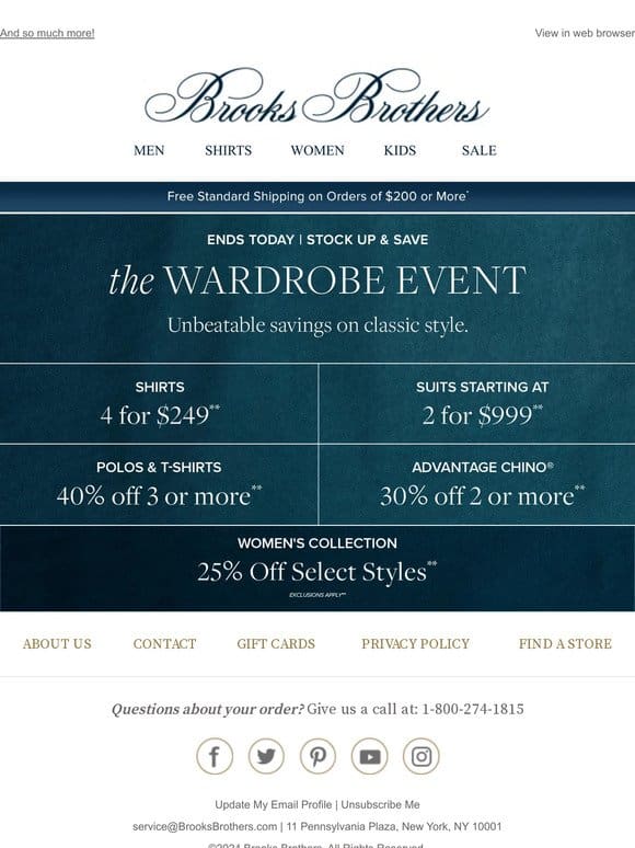 Ends Today! Suits starting at $999， 25% off select women’s styles…