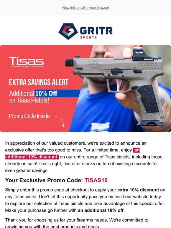 Extra Savings Alert: Additional 10% Off on Tisas Pistols!