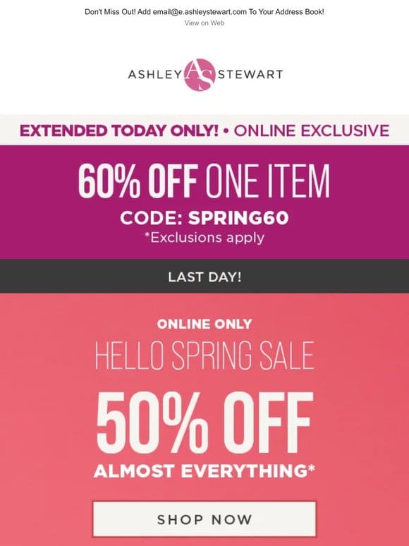 FINAL DAY!!! 50% off Almost Everything + Extra 30% off Clearance