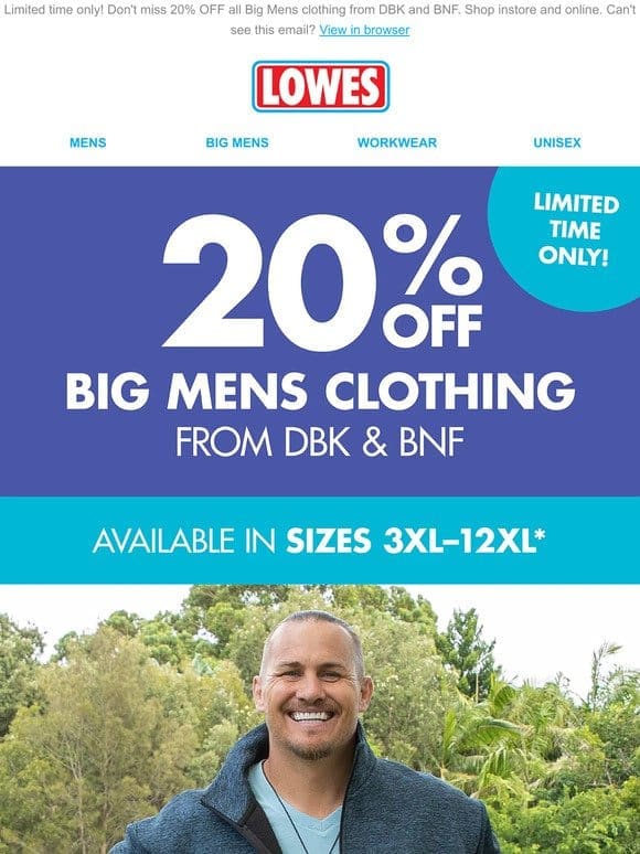 FLASH SALE! ⚡️ 20% OFF Big Mens clothing from DBK and BNF