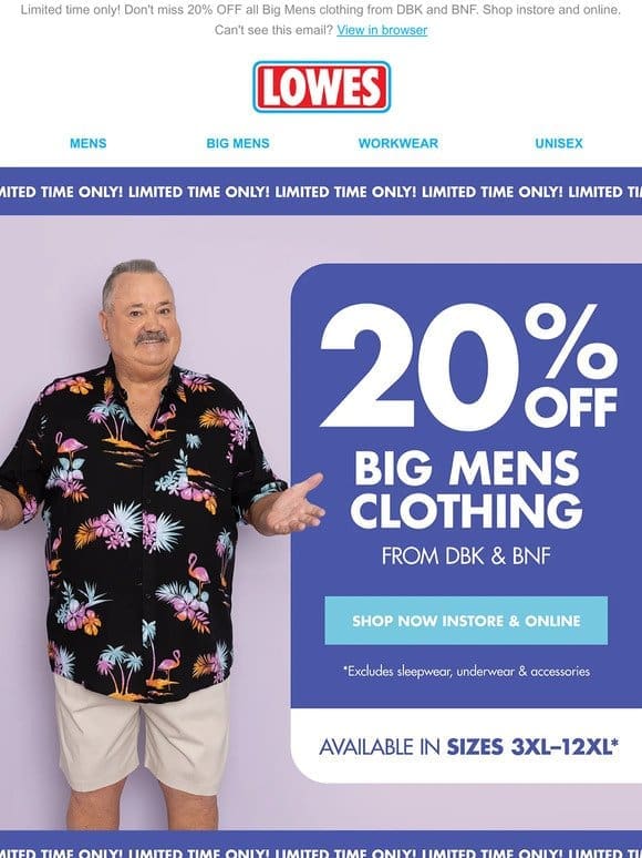FLASH SALE! ⚡️ 20% OFF Big Mens clothing from DBK and BNF