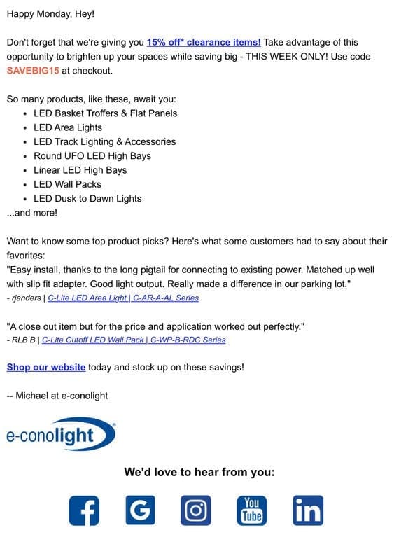 Final Week Alert: Enjoy 15% Off on LED Clearance Items!