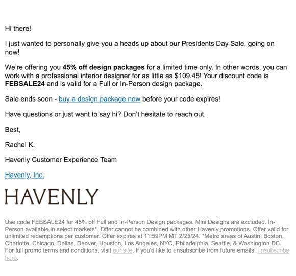 Hi from Havenly with 45% off!