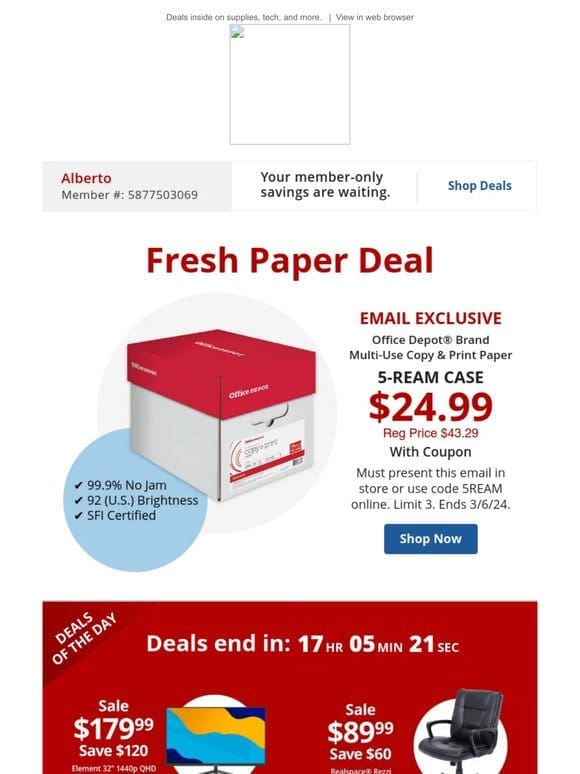 Hot Email Exclusive: $24.99 Office Depot® Brand 5rm case paper w/coupon