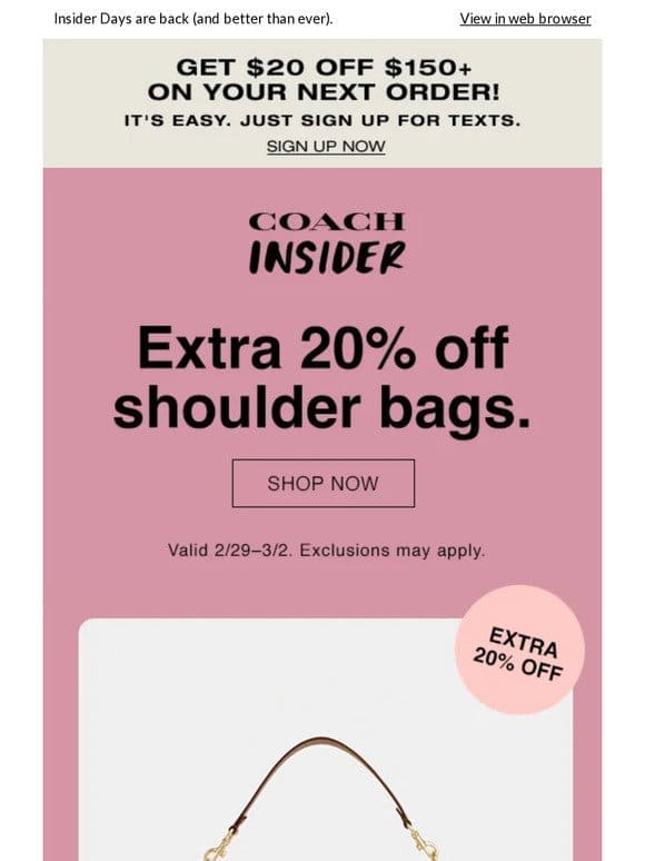 Hurry: get 20% off bestselling shoulder bags.