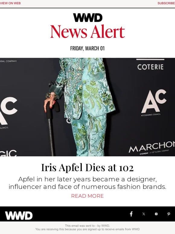 Iris Apfel Dies at 102