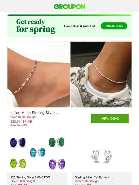 Italian Made Sterling Silver 9″ or 10″ Italian Anklets (Multiple Options) and More