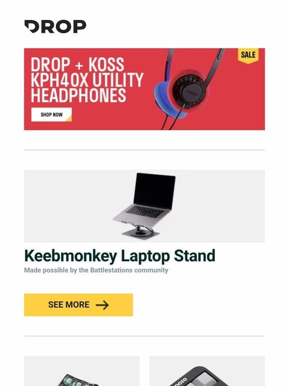 Keebmonkey Laptop Stand， Angry Miao HATSU Wireless Split Ergonomic Keyboard， Megalodon Dual Layer Knob Macropad and more…