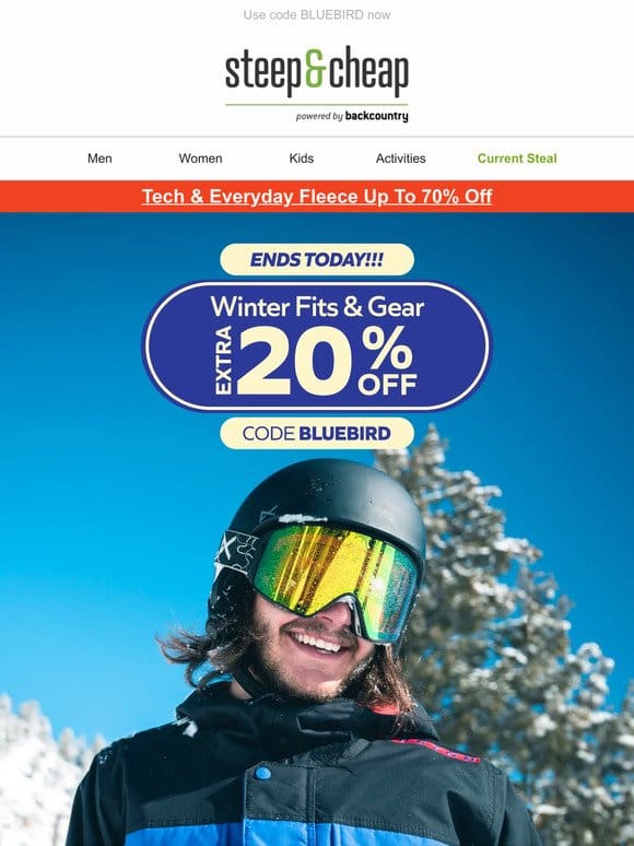 Last day to take an extra 20% off skiwear & more