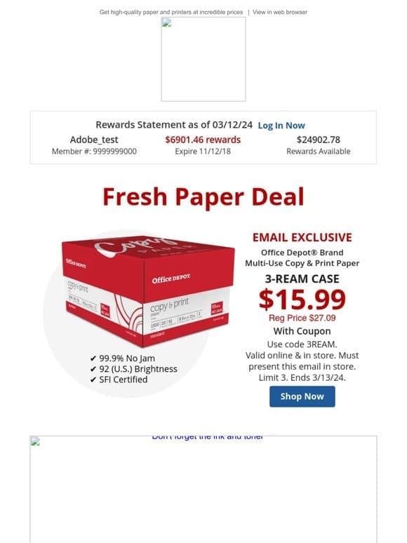 Limited Time Offer: $15.99 Office Depot® Brand 3 Ream Paper + HP Inkjets with 3 Months Free Ink
