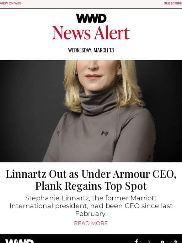 Linnartz Out as Under Armour CEO， Plank Regains Top Spot