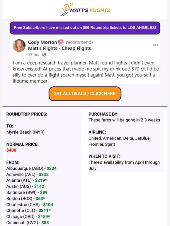 MYRTLE BEACH Starting at $48 Roundtrip Nonstop