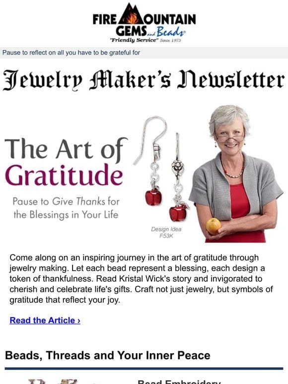Newsletter for Jewelry Makers: Giving Thanks is a Way of Life