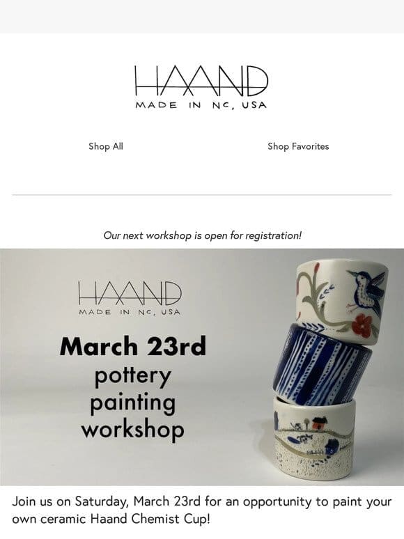 Pottery Workshop: Painting Chemist Cups， March 23rd