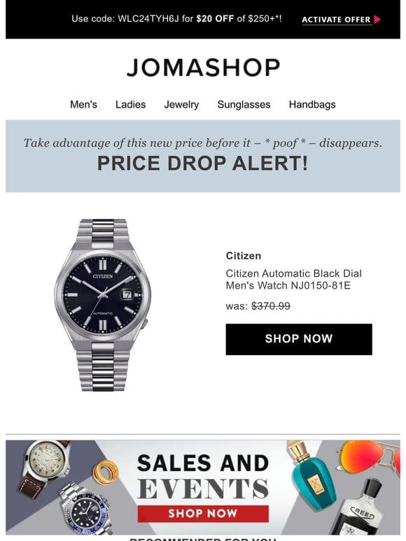 Price drop! The Citizen Automatic Black Dial Men’s Watch NJ0150-81E is now on sale…
