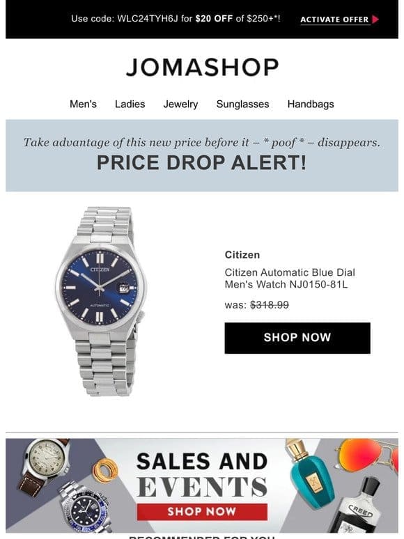 Price drop! The Citizen Automatic Blue Dial Men’s Watch NJ0150-81L is now on sale…
