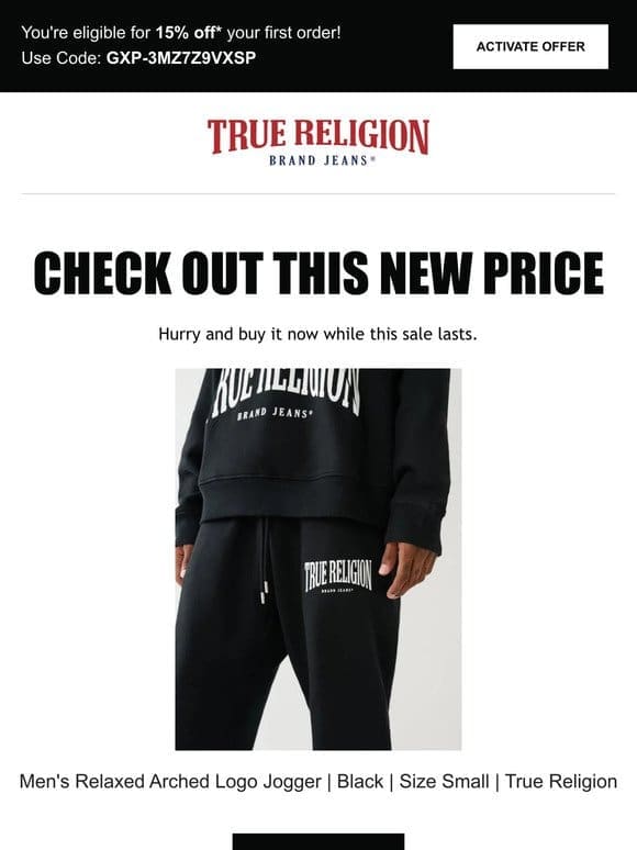 Price drop! The Men’s Relaxed Arched Logo Jogger | Black | Size Small | True Religion is now on sale…
